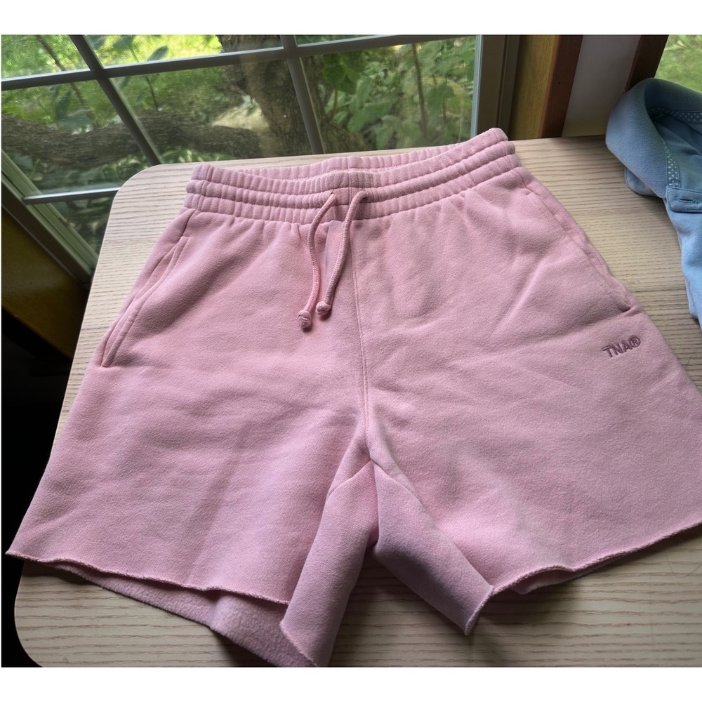 TNA Aritzia Sweatfleece Cozy Fleece Boyfriend Fit Shorts Pink XS Raw Hem Lounge